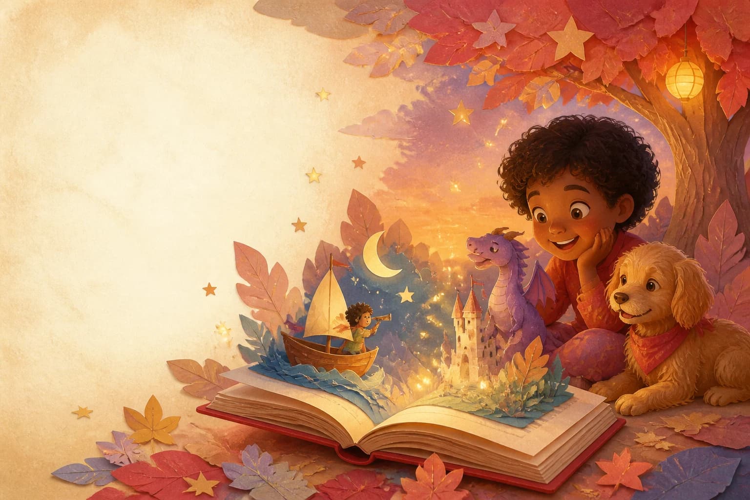 A child and dog watching a magical story rise from an open pop-up book